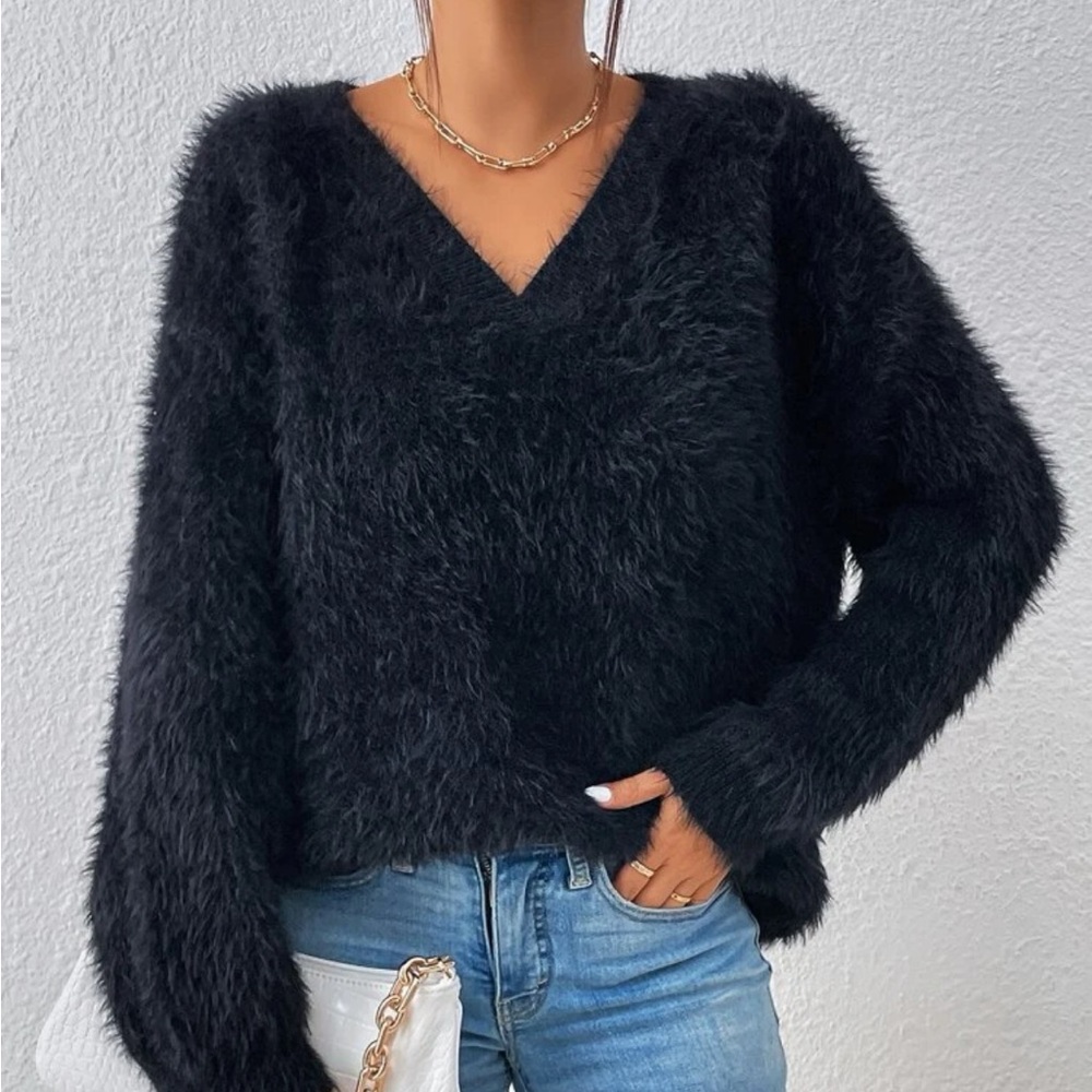 SHEIN V Neck Fluffy Knit Sweater